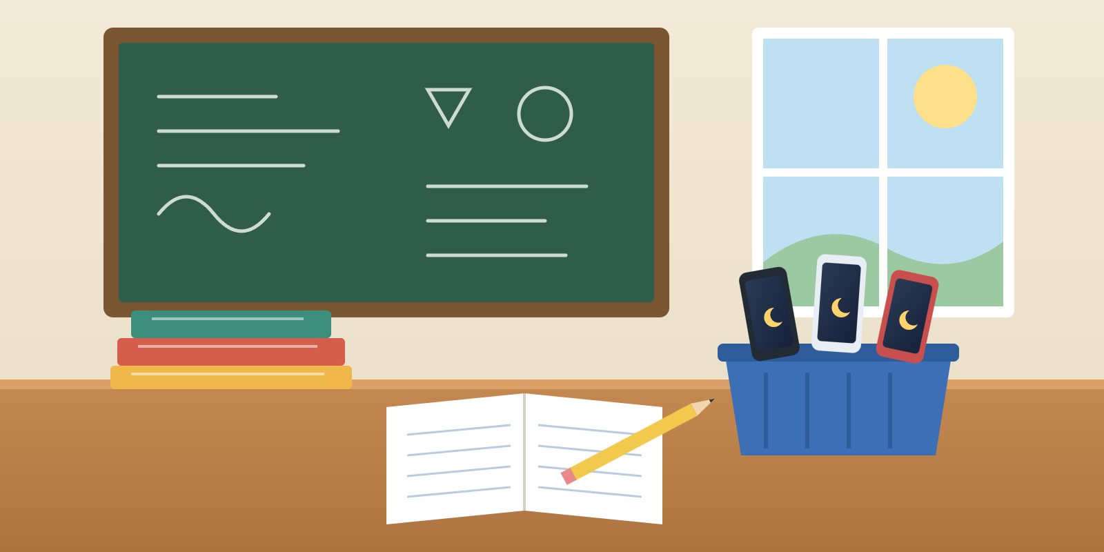 Illustrazione di un'aula con i cellulari degli studenti riposti in un cestino sul banco