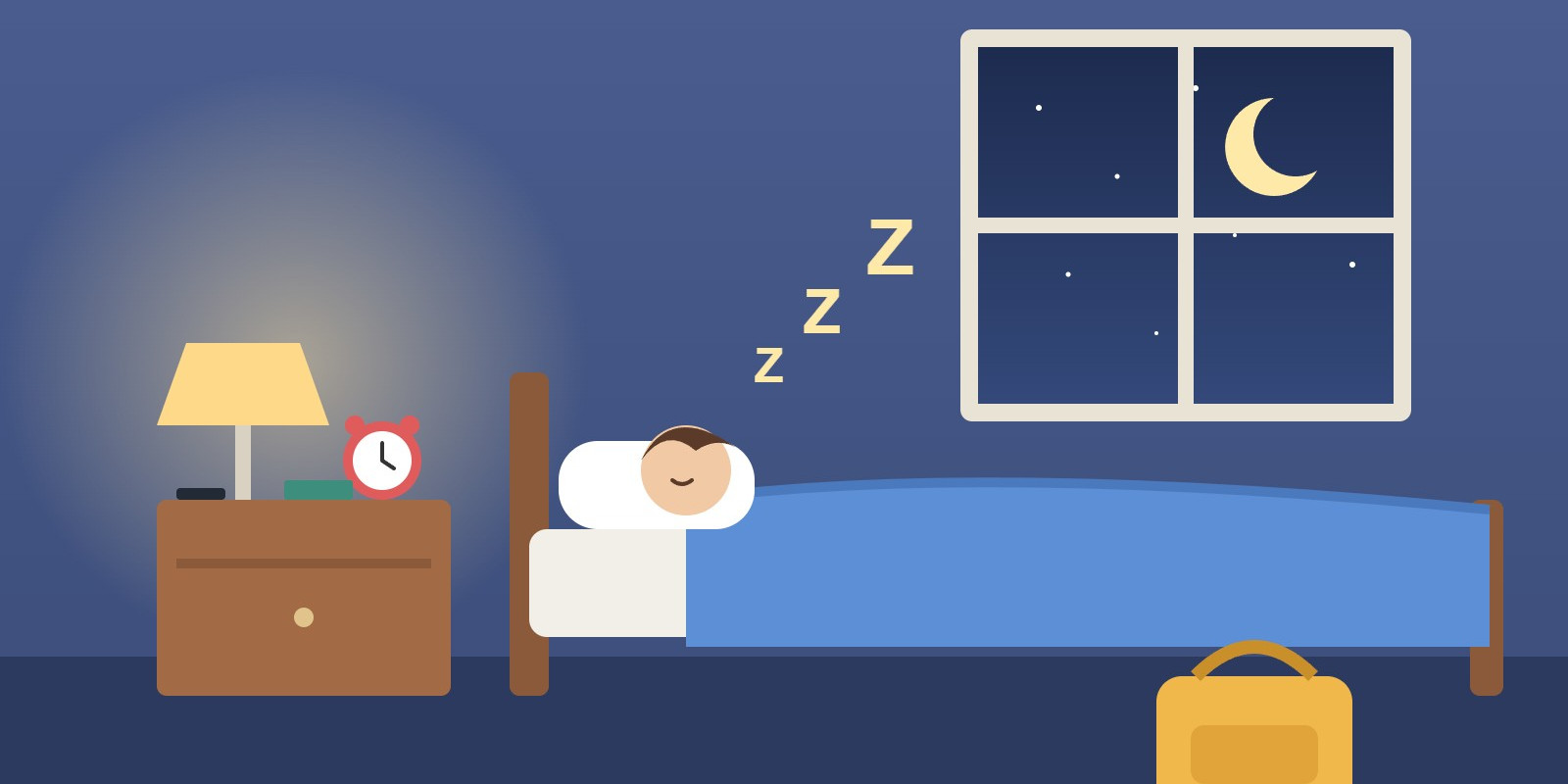 Illustrazione di uno studente che dorme nella sua camera, con sveglia e zaino pronti per il giorno dopo